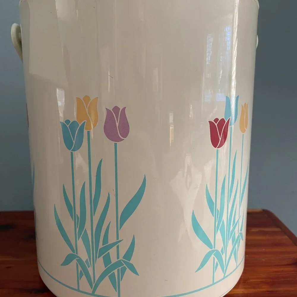 Vintage Ice Bucket Floral Tulips Pastel Tongs Tray Bar Accessory